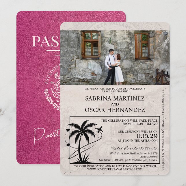 Invitation Mariage du passeport Magenta Pink Puerta Vallarta (Devant / Derrière)