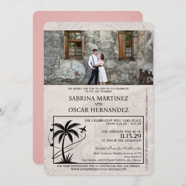 Invitation Mariage du passeport rose Puerta Vallarta (Devant / Derrière)