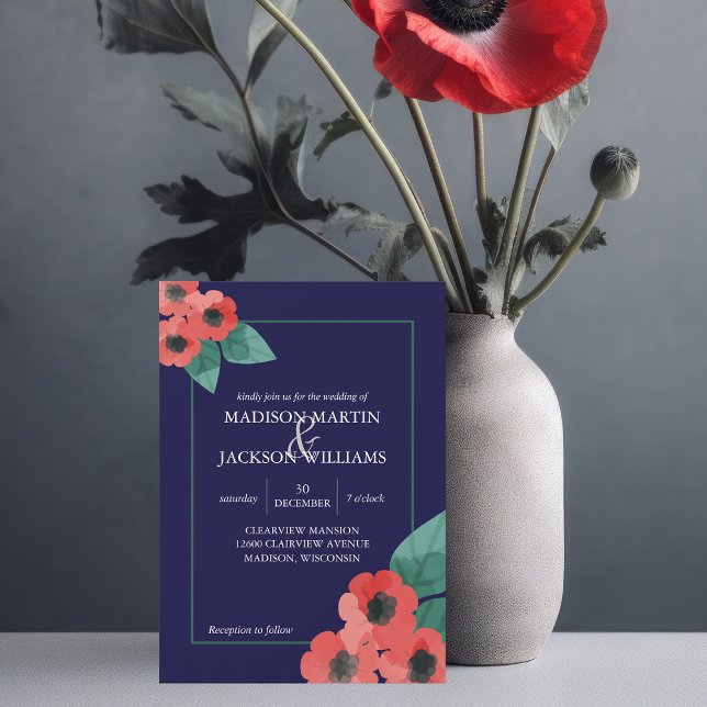 Invitation Mariage du soir de minuit bleu rouge pavots Floral (Créateur téléchargé)