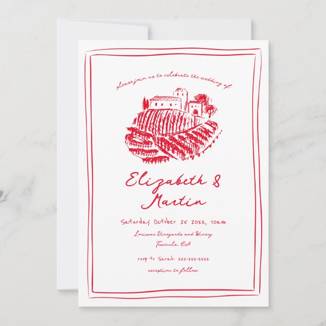 Invitation Mariage du vignoble italien rouge tiré à la main (Devant)
