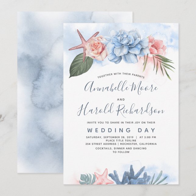 Invitation Mariage Dusty Blue and Blush Tropical Beach (Devant / Derrière)