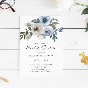 Invitation Mariage Dusty Blue Floral Élégant Script