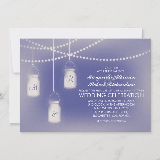 Invitation Mariage Dusty Blue Mason Jar Rustic Lights (Devant)