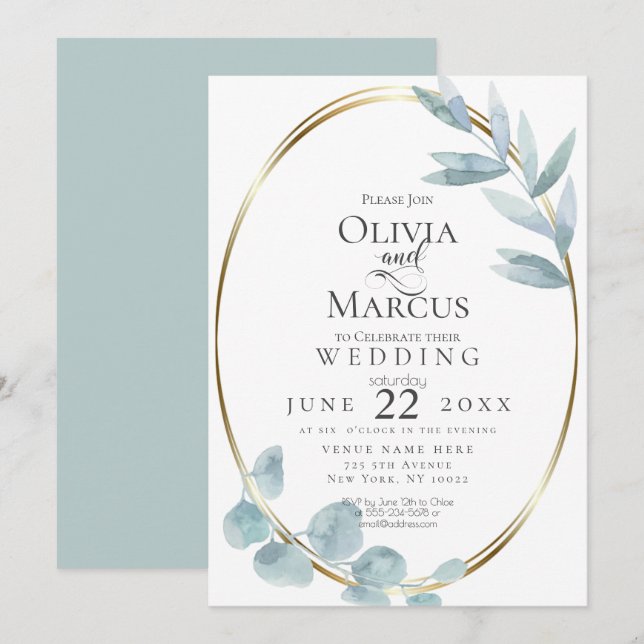 Invitation Mariage | Dusty Blue Watercolor Eucalyptus Feuille (Devant / Derrière)