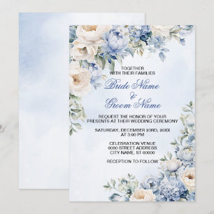 Invitation Mariage Dusty Blue Watercolor Fleurs d'ivoire Feui