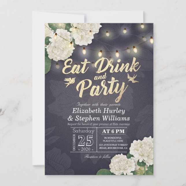 Invitation Mariage EAT Drink & Party Hydrangeas String Lights (Devant)