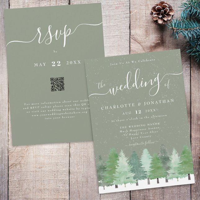 Invitation Mariage écologique de la forêt d'hiver moderne Cod (Winter Woodland forest watercolor sage green and white wedding qr code invitation Elegant script)