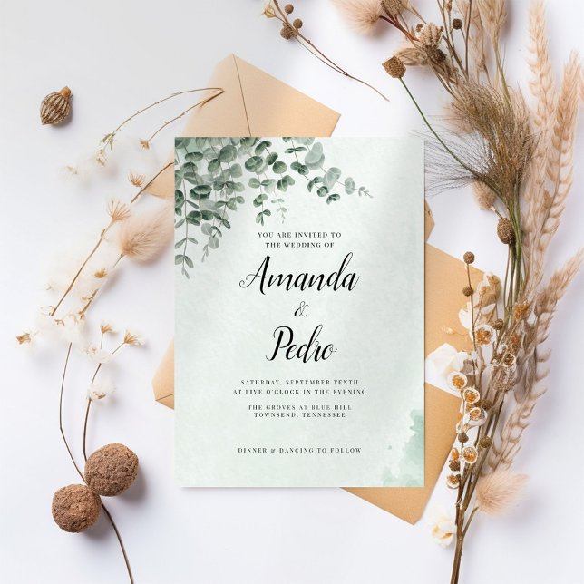 Invitation Mariage écologique minimaliste d'Eucalyptus (Créateur téléchargé)