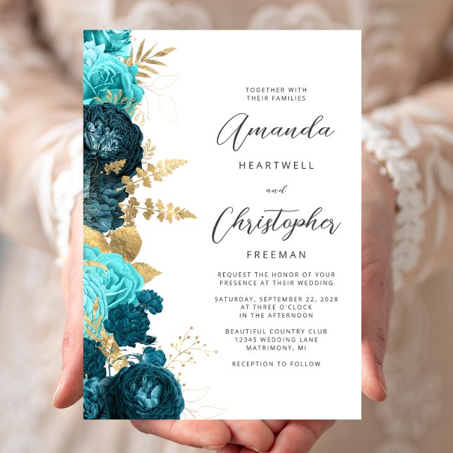 Invitation Mariage écriture florale sarcelle aqua or (Créateur téléchargé)