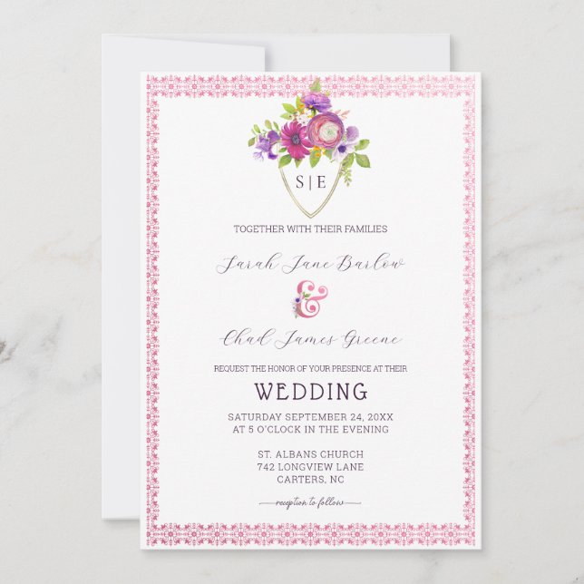 Invitation Mariage Eggplant Mulberry Crest (Devant)