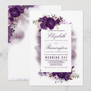 Invitation Mariage Eggplant Purple Floral Élégant Aquarelle