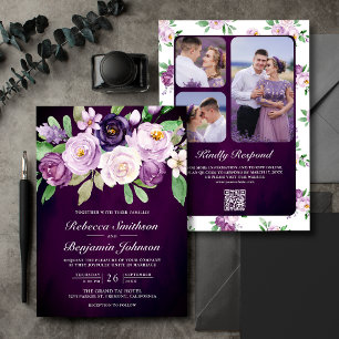 Invitation Mariage Eggplant Purple Floral QR Code Dark Moody