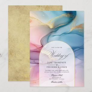 Invitation Mariage Élégance à l'encre alcoolique Rose, Bleu e