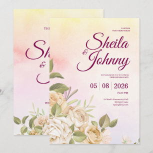 Invitation Mariage Élégance Aquarelle Jaune et Rose