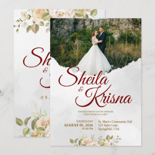 Invitation Mariage Élégance Grey Floral Marron avec Photo