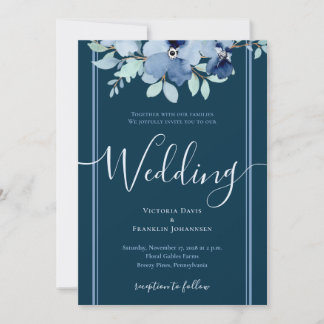 Invitation Mariage élégant à couleur d'aquarelle bleue profon