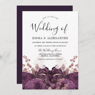 Invitation Mariage élégant à la florale bordeaux violet