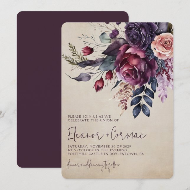 Invitation Mariage élégant à l'aquarelle florale burgundy (Devant / Derrière)
