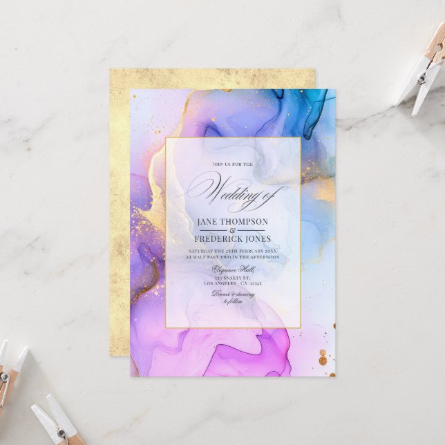 Invitation Mariage Élégant à l'Encre Alcoolique Fluide (Devant/Arrière en situation)