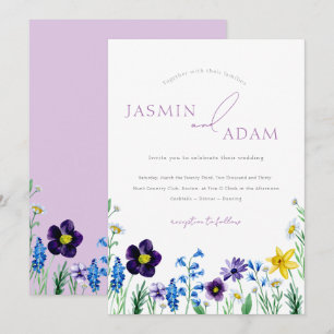 Invitation Mariage élégant à monogramme de fleurs sauvages bl