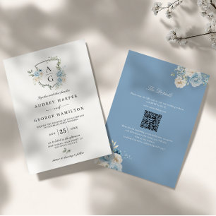 Invitation Mariage élégant à motif floral bleu poussiéreux av