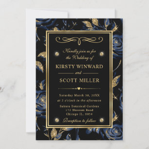 Invitation Mariage élégant à motif floral de rose Navy et or