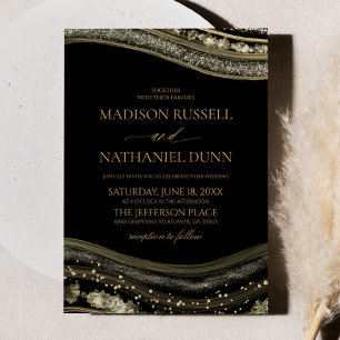 Invitation Mariage Élégant Agate Noir Or