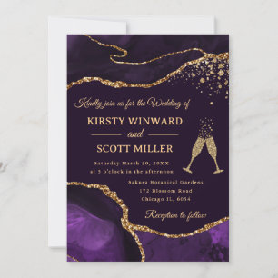 Invitation Mariage élégant agate paillettes violet et or