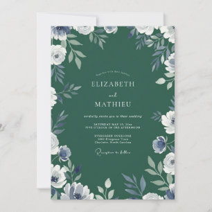 Invitation Mariage élégant aquarelle émeraude et pervenche
