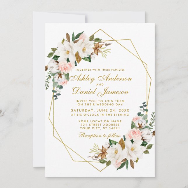 Invitation Mariage Elegant Aquarelle Magnolias Rose Or (Devant)