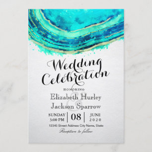 Invitation Mariage Elegant Aquarelle Turquoise & Gold Agate G