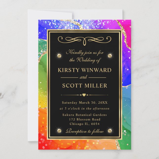 Invitation Mariage Élégant Arc-en-Ciel Paillettes Agate et Or (Devant)