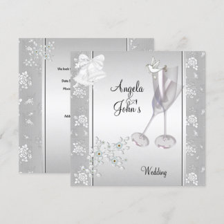 Invitation Mariage Élégant Argent Blanc Dentelle Floral