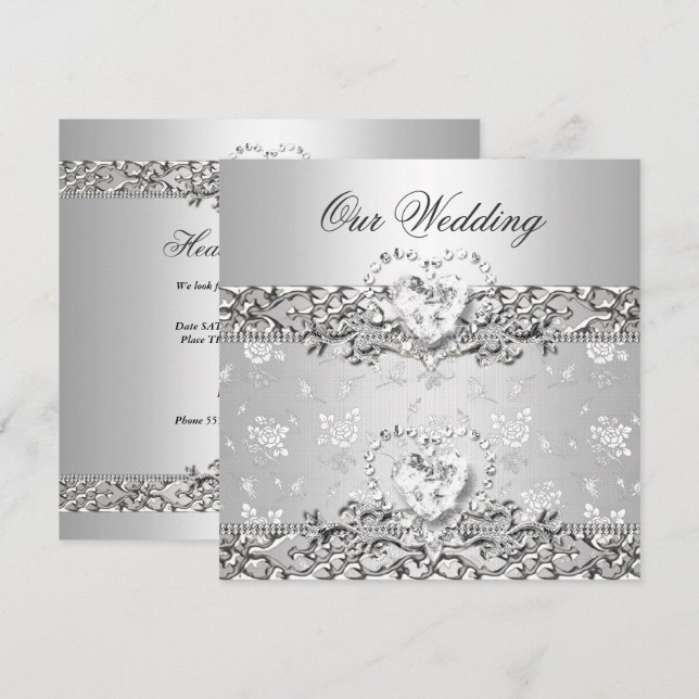 Invitation Mariage élégant Argent Blanc Diamant Coeur (Devant / Derrière)