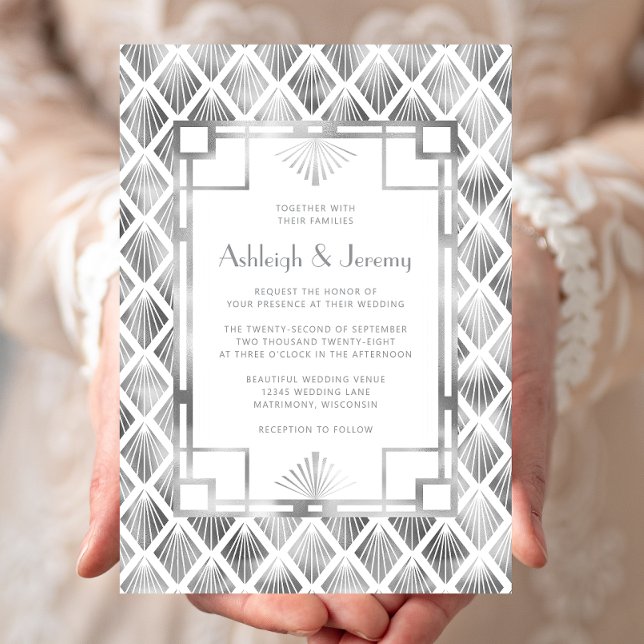 Invitation Mariage Élégant Argent Blanc Motif Décoratif Vinta (Créateur téléchargé)
