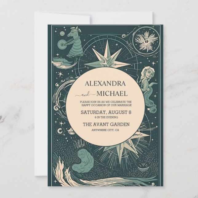 Invitation Mariage Élégant Argent Vert Tarot (Devant)
