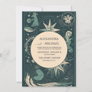 Invitation Mariage Élégant Argent Vert Tarot