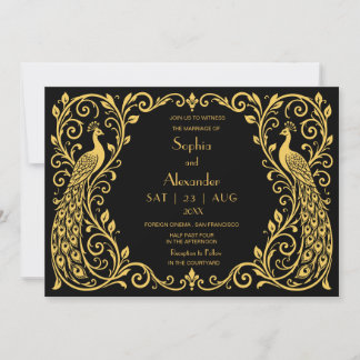 Invitation Mariage élégant Art Déco Paon Or Noir 