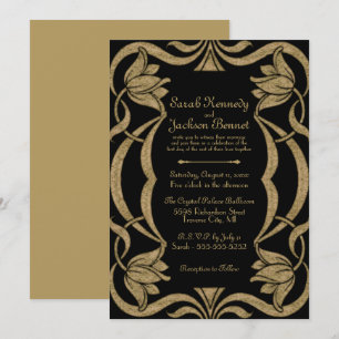 Invitation Mariage élégant Art Nouveau Noir et Or