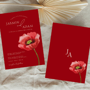 Invitation Mariage élégant au coquelicot rouge cramoisi monog