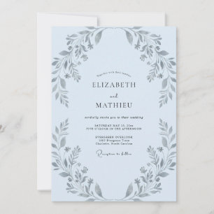 Invitation Mariage élégant au feuillage de pervenche argenté