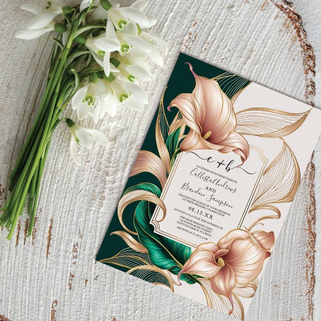 Invitation Mariage Élégant au Lys de Callas Or | Vert et Ivoi (Créateur téléchargé)