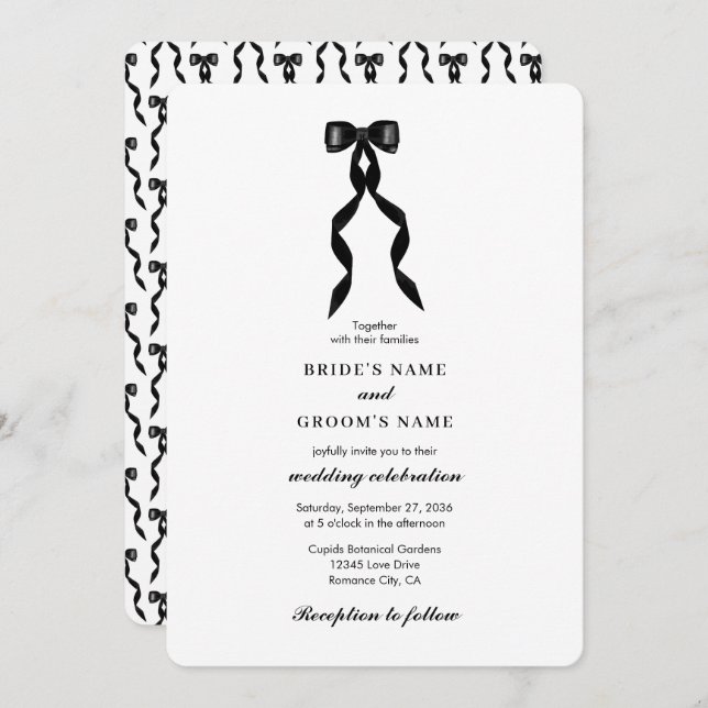 Invitation Mariage élégant au ruban noir (Devant / Derrière)