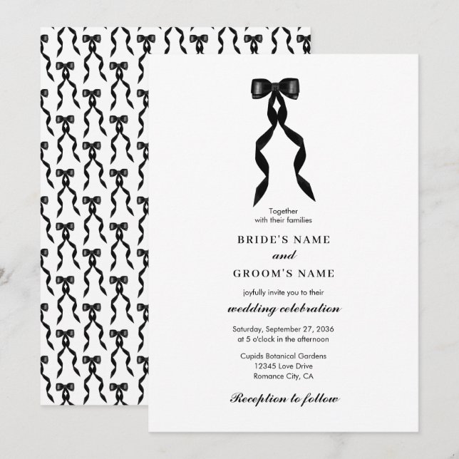 Invitation Mariage élégant au ruban noir (Devant / Derrière)