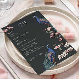 Invitation Mariage élégant au thème floral noir et paon