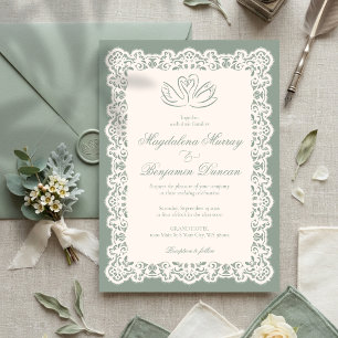 Invitation Mariage élégant au vert sauge et dentelle ivoire v