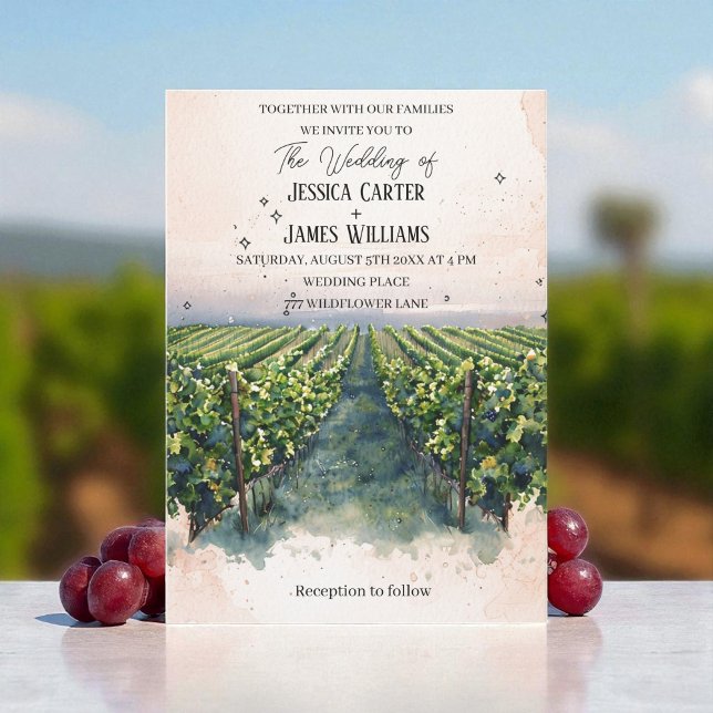 Invitation Mariage Élégant au Vignoble à l'Aquarelle Rustique (Créateur téléchargé)
