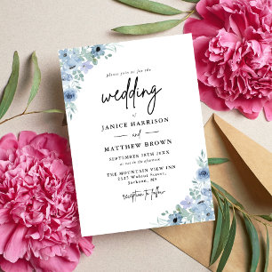 Invitation Mariage Élégant aux Fleurs Bleu Poussiéreux