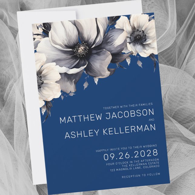 Invitation Mariage Élégant aux Fleurs Bleues (Simple Modern Elegant Navy Blue Floral Wedding Invitation)