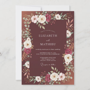 Invitation Mariage Élégant aux Fleurs Bordeaux